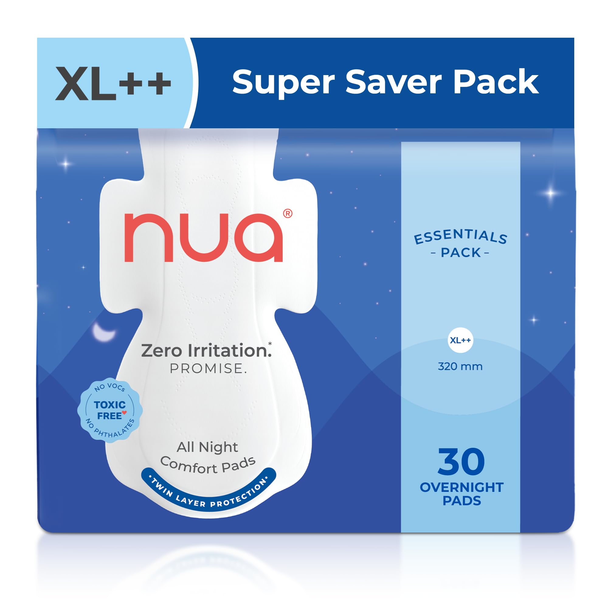 Nua All Night Comfort Sanitary Pads | Pack Of 30 (Xl++ 320Mm) | Twin Layer Protection | 50% Wider Back And Anti Stain Wings | Up