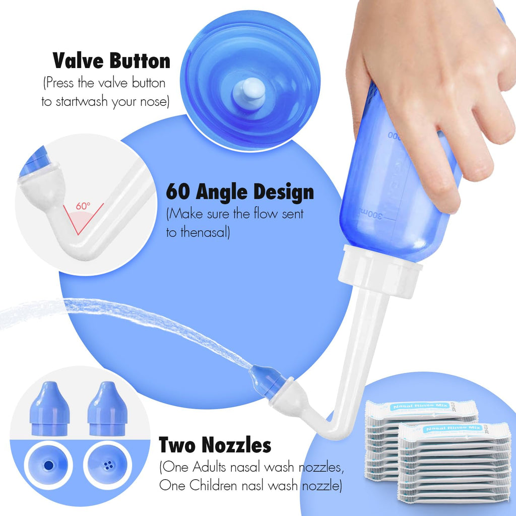 Showvigor Neti Pot Sinus Rinse Bottle - Gentle Nasal Wash Bottle Nose Cleaner for Effective Pressure Irrigatio 300 ML with 20 Na