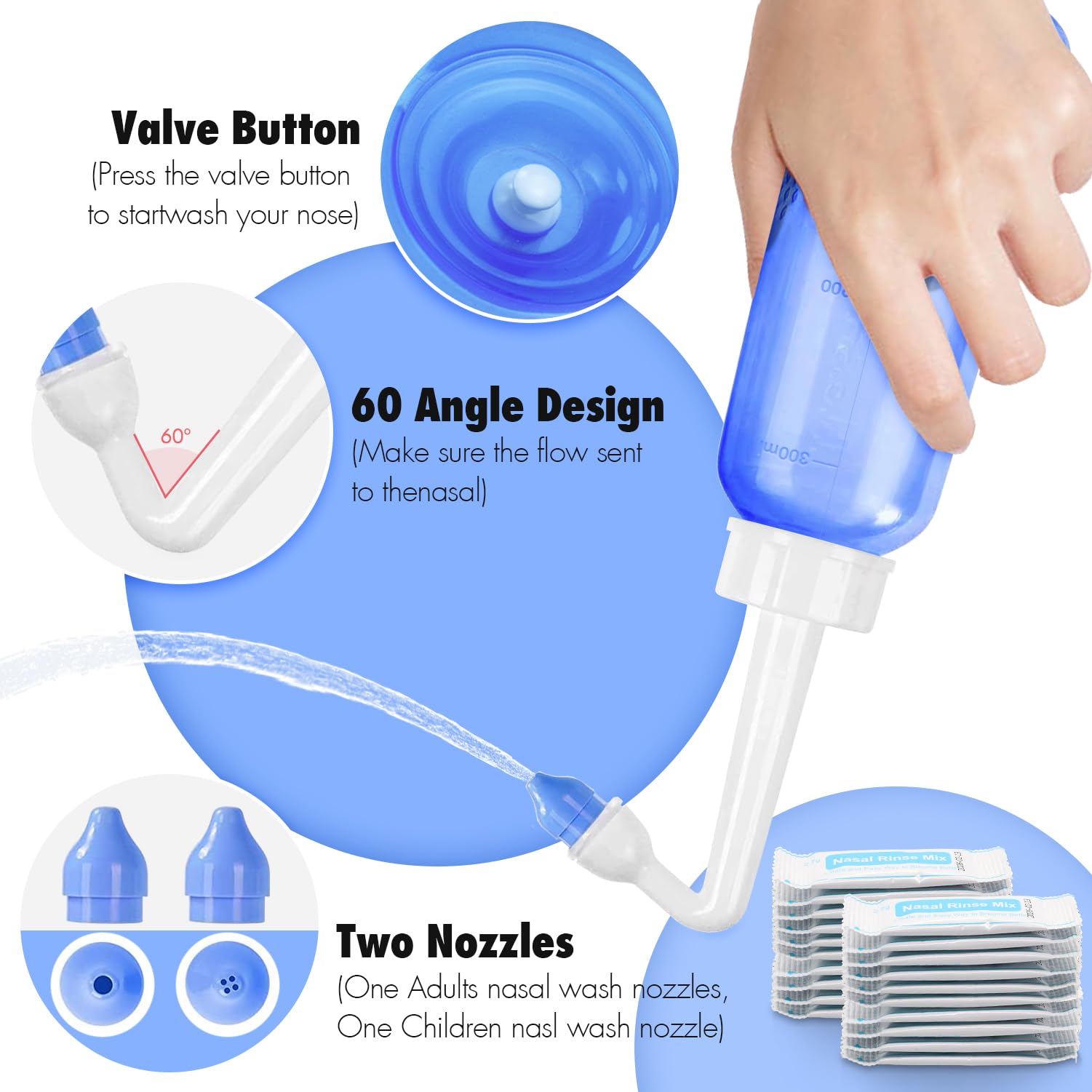 Showvigor Neti Pot Sinus Rinse Bottle - Gentle Nasal Wash Bottle Nose Cleaner for Effective Pressure Irrigatio 300 ML with 20 Na
