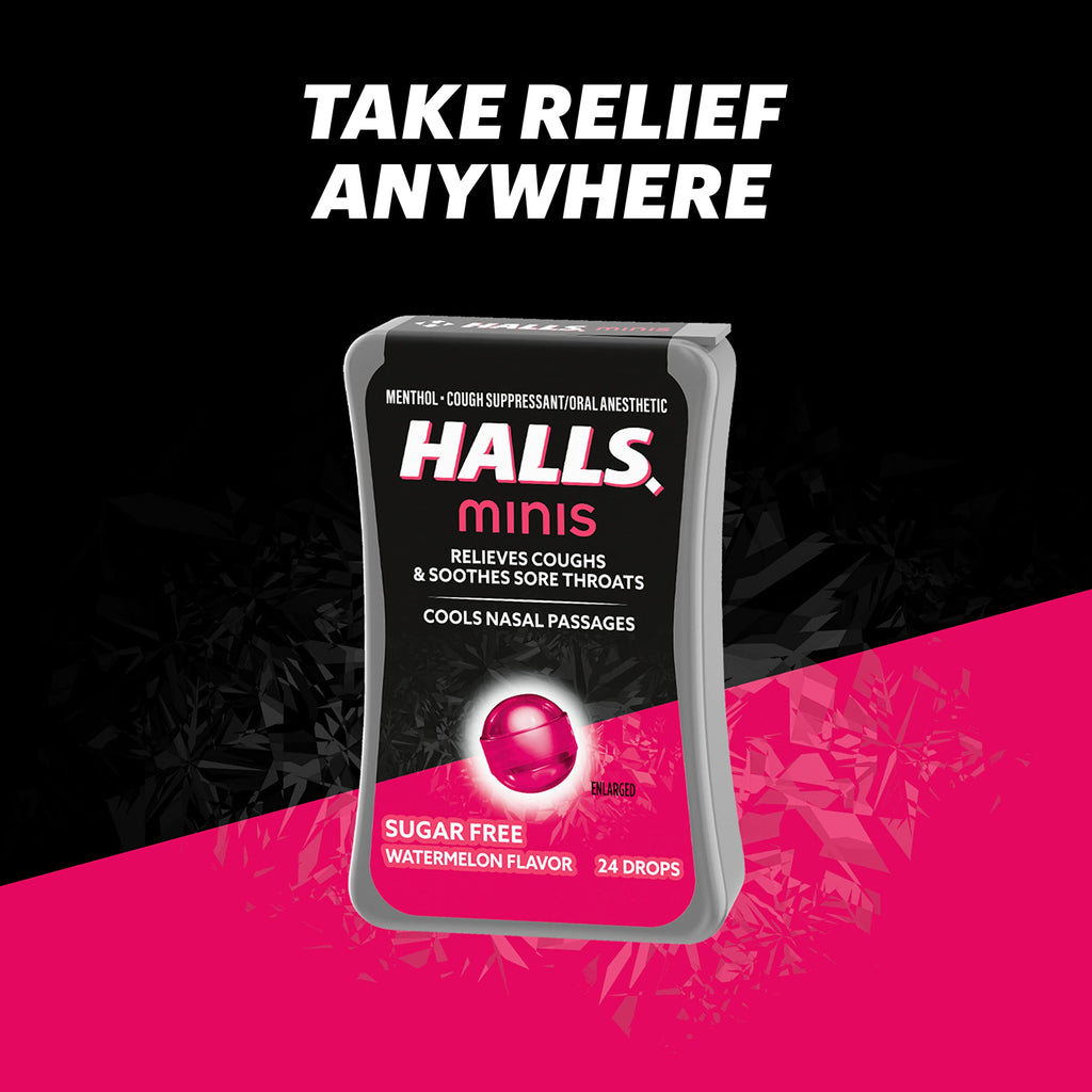 HALLS Minis Watermelon Flavor Sugar Free Cough Drops, 8 Packs of 24 Drops (192 Drops Total)