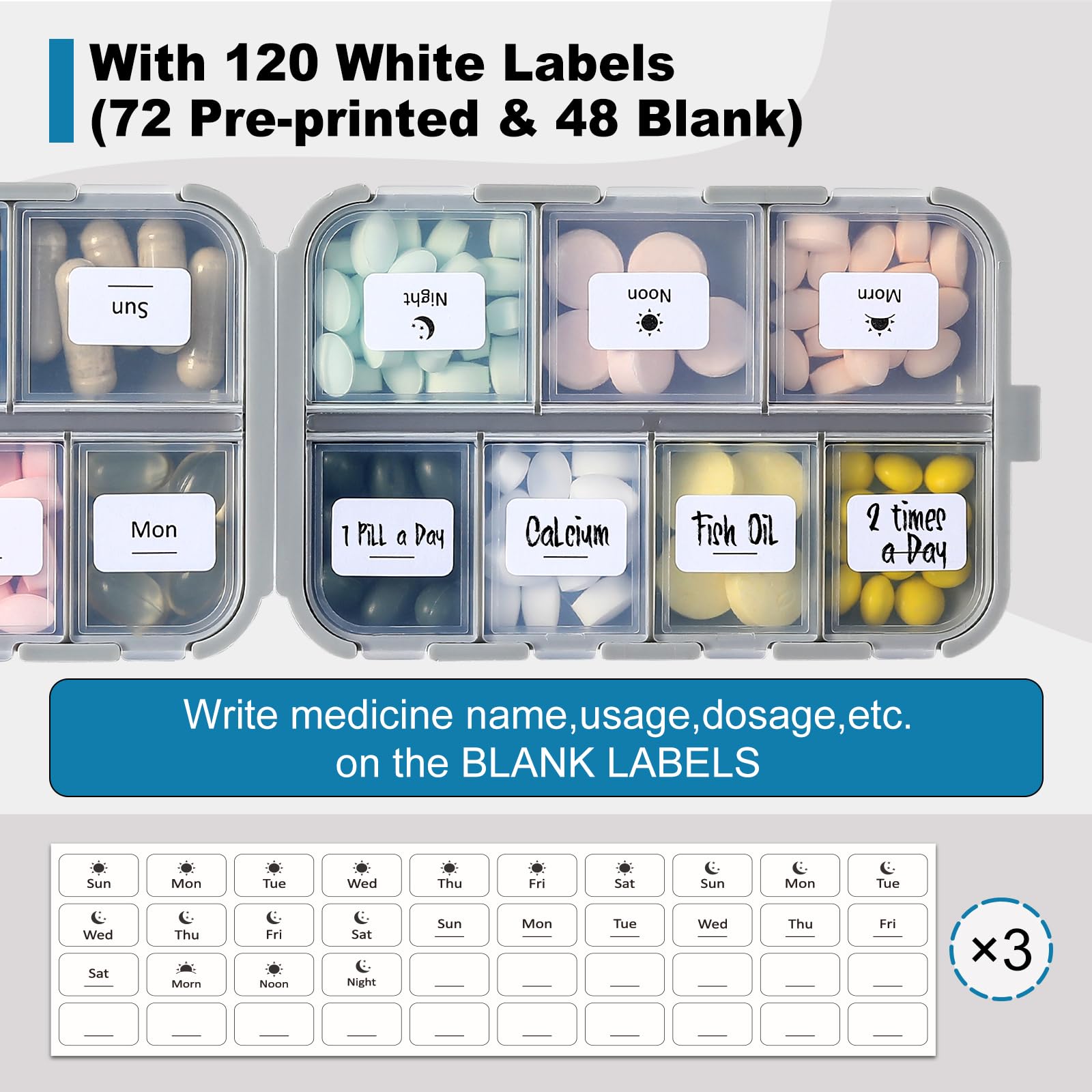 3 Pack, 14 GRIDS Travel Pill Organizer Box with Labels - Travel Medicine Case Kit - Pocket Daily Pharmacy Container - Travel Med