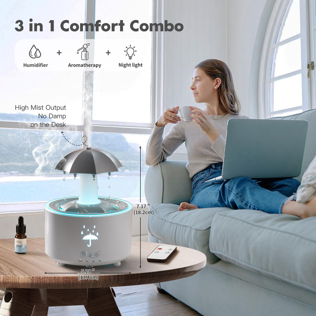 Rain Umbrella Humidifier,Essential Oil Aroma Diffuser with Soothing Rain Sounds,Water Drip Effect,7 Colors Mood Lights,Remote Co