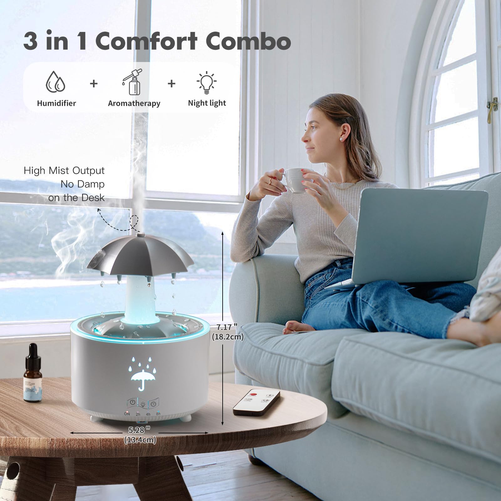 Rain Umbrella Humidifier,Essential Oil Aroma Diffuser with Soothing Rain Sounds,Water Drip Effect,7 Colors Mood Lights,Remote Co