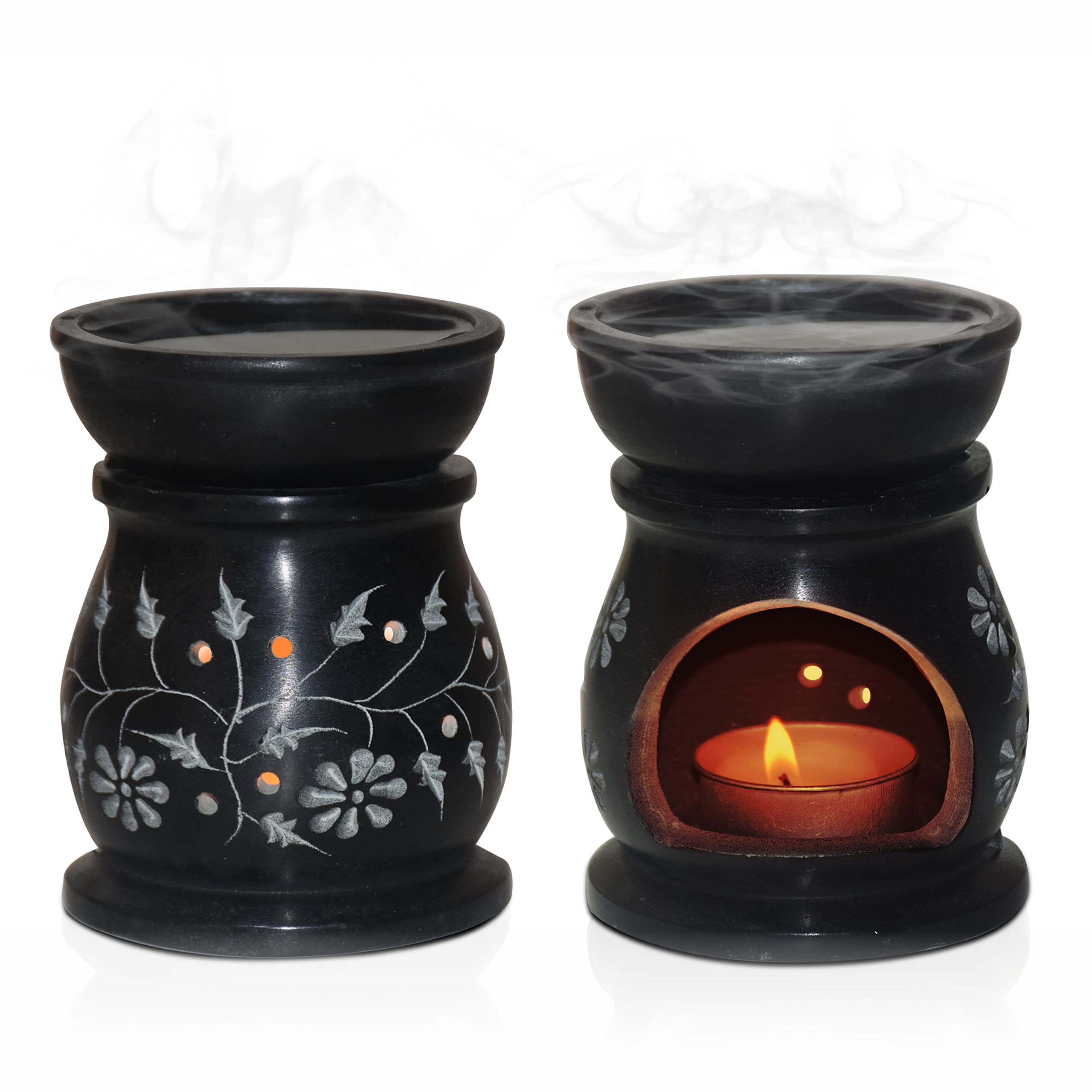 Pure Source India Handcrafted Soapstone Aroma Burner Oil Diffuser and 1 Tea Light Candle (Black)