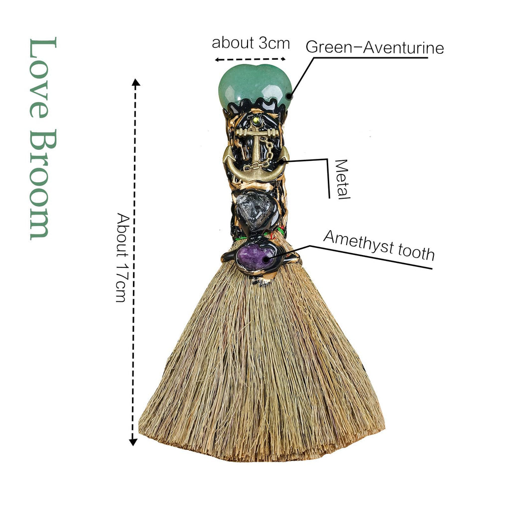 RJINGSHI Natural Green Aventurine Magic Broom Love Crystal Witch Broom Reiki Healing Crystal Handmade for Cleansing Bedroom Offi