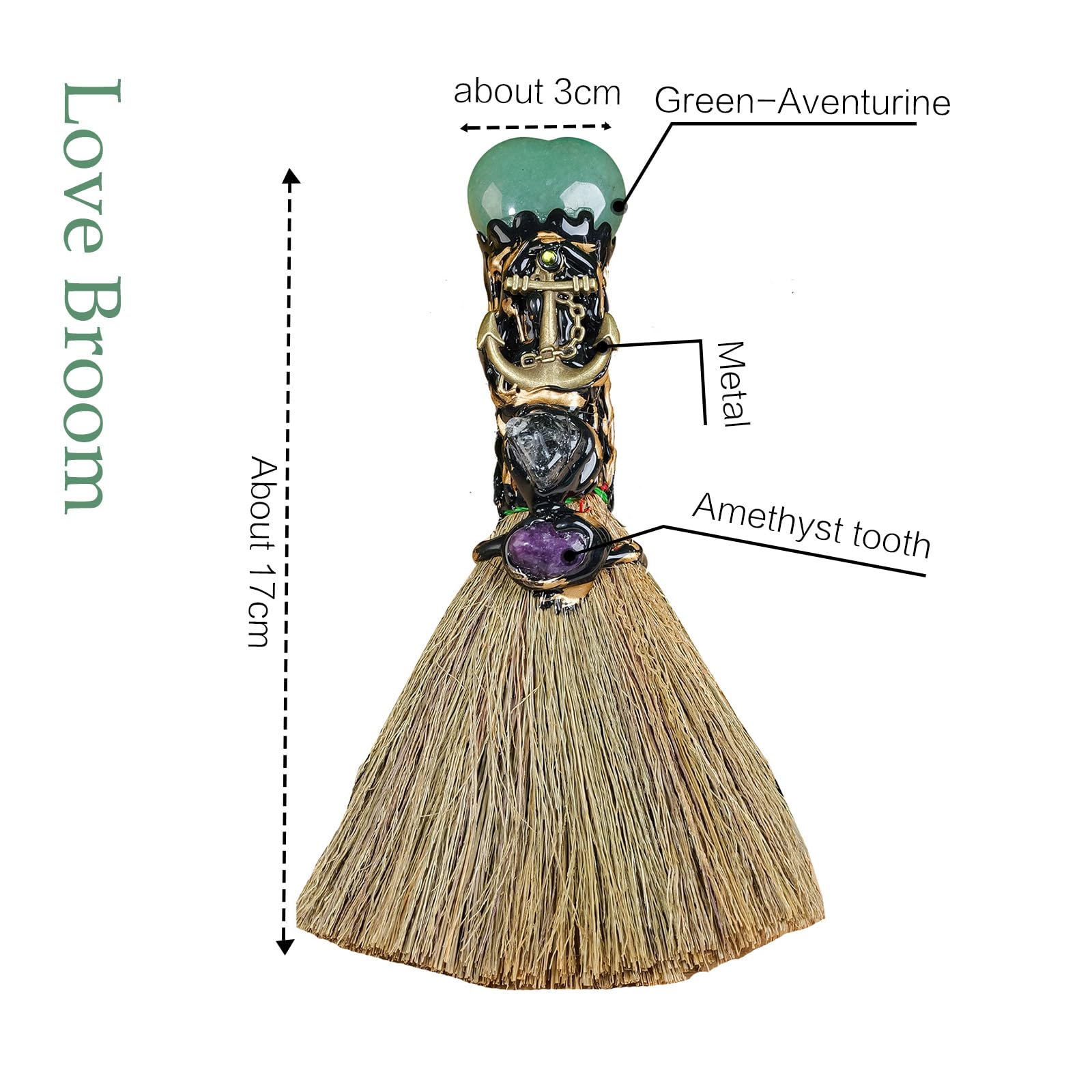 RJINGSHI Natural Green Aventurine Magic Broom Love Crystal Witch Broom Reiki Healing Crystal Handmade for Cleansing Bedroom Offi