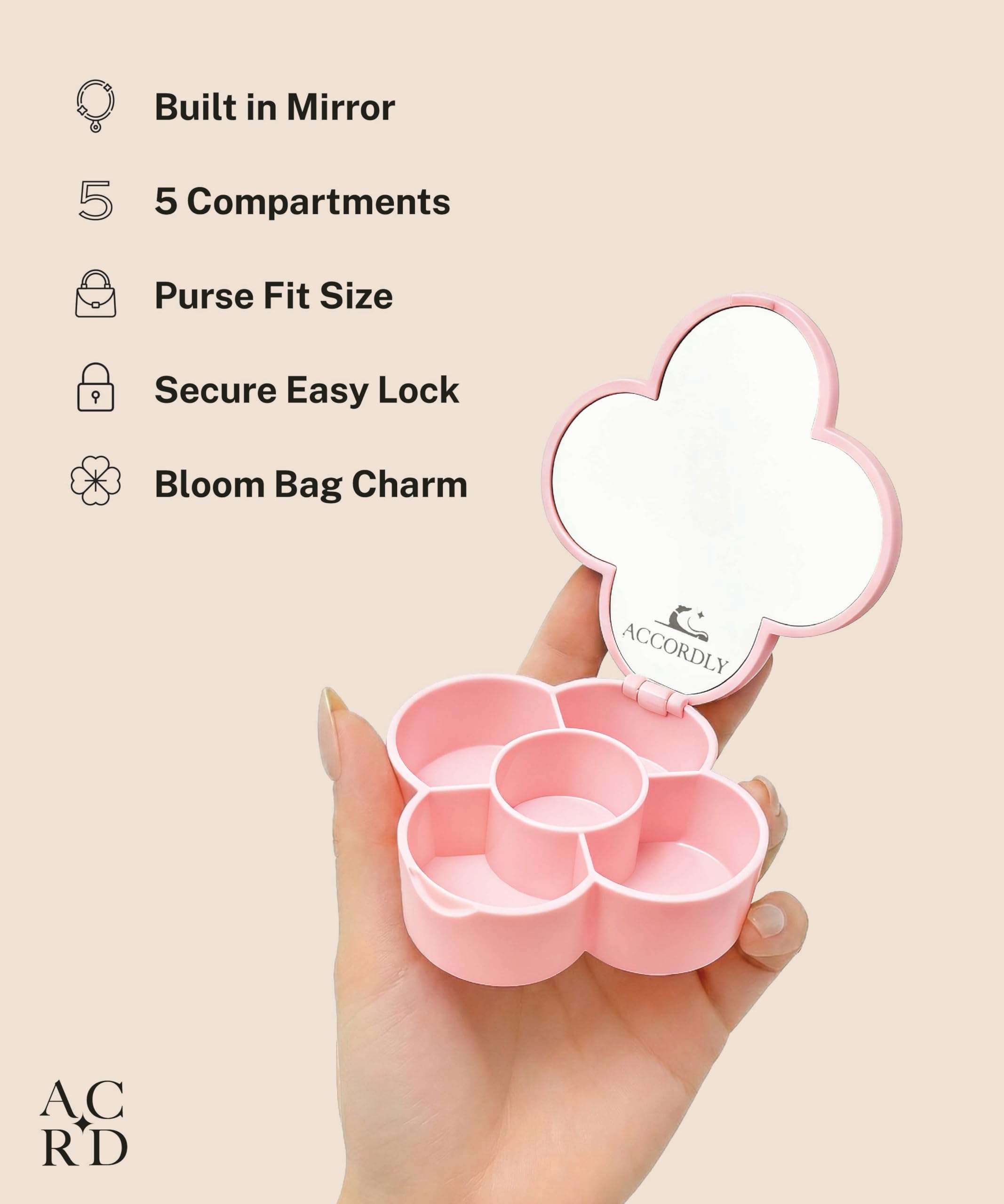 Accordly NobleCase Bloom Charm Travel Pill Organizer, 5 Compartments with Mirror, Easy-Open Lock, Cute Compact Pill Box for Purs