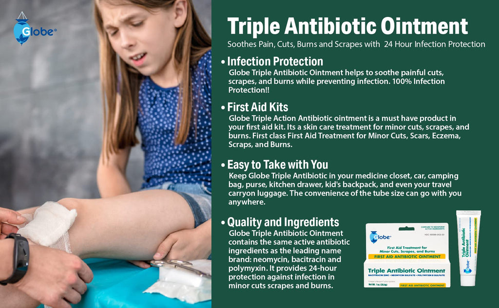 Globe Triple Antibiotic First Aid Ointment, 0.5 oz (24-Pack) First Aid Antibiotic Ointment, 24-Hour Infection Protection, Wound