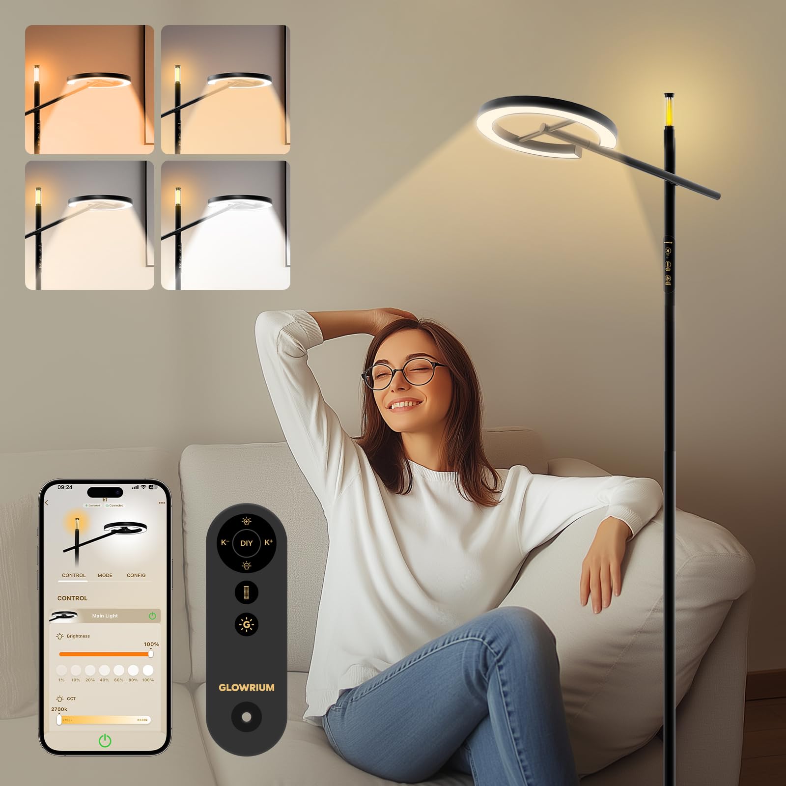 GLOWRIUM-H1 Smart Light Therapy Lamp 10000 Lux, LED UV-Free Sun Lamp, Full Spectrum Happy Natural Mood Therapy, Stepless Dimmabl