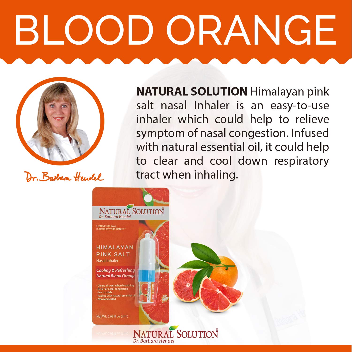 Natural Solution Pink Salt Aromatherapy Nasal Inhaler with Blood Orange Essential Oils for a Refreshing, Relaxing Experience, an