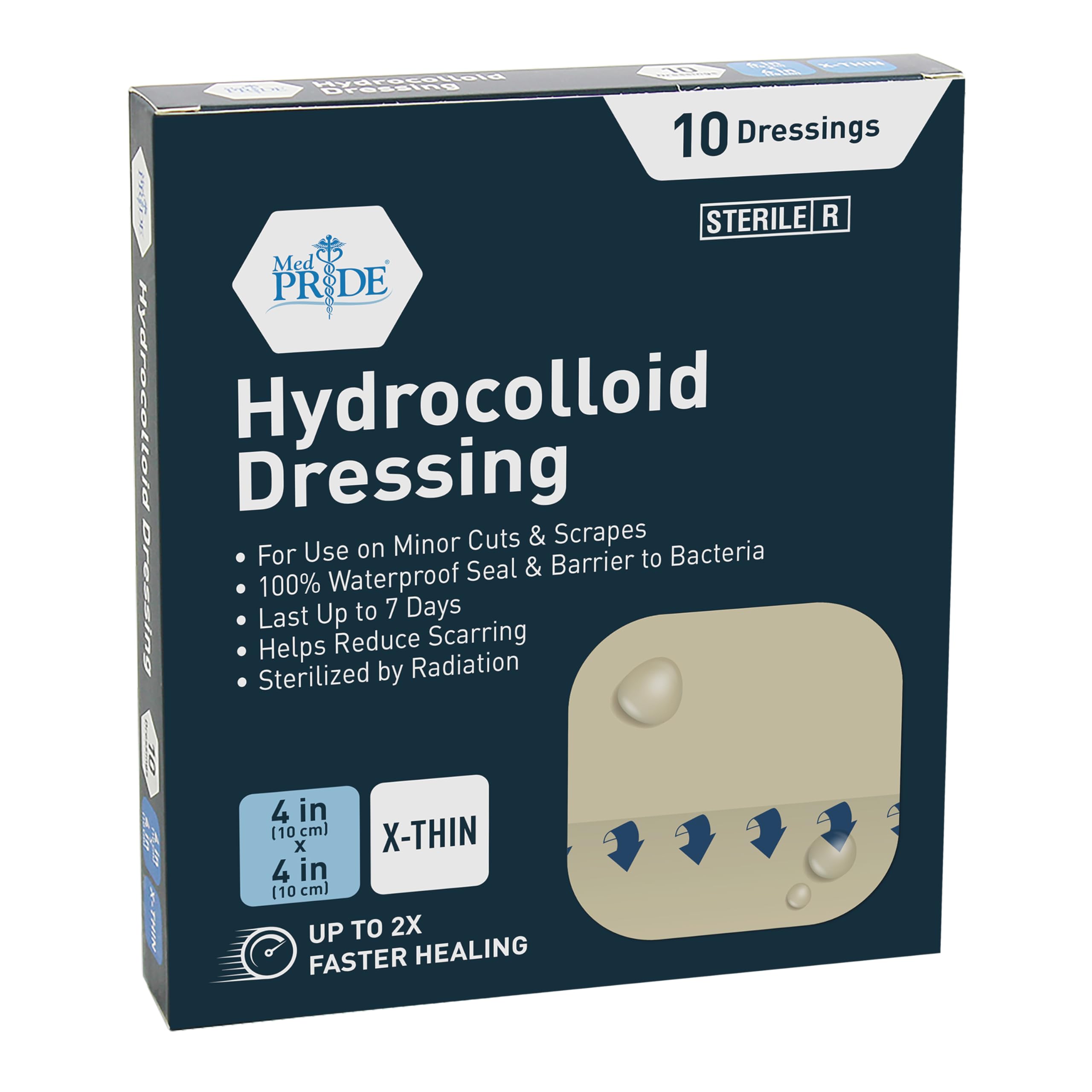 MED PRIDE Hydrocolloid Dressing 4x4 Sterile Adhesive Pads, 10 Pack, Absorbent Ulcer Bandages for Wounds, Blisters, Burns, Multip