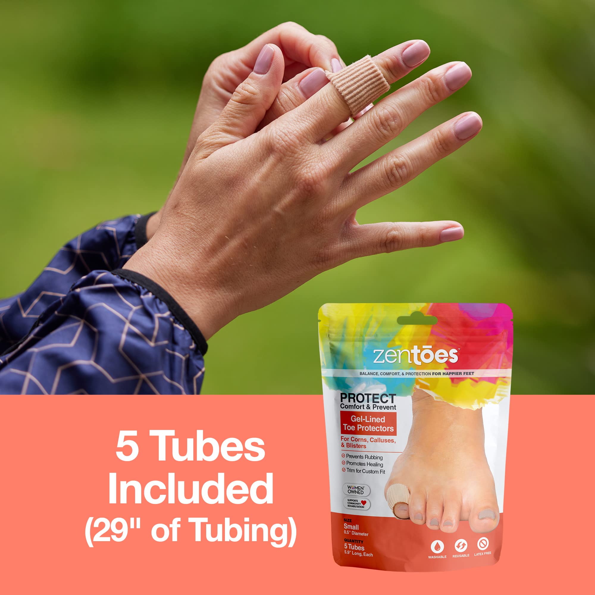 ZenToes Toe Tubes - Fabric Sleeve Protectors with Gel Lining - 5 Tube Sleeve Set - 29'' of Gel Lined Tubing, Size Small (1/2 Inc