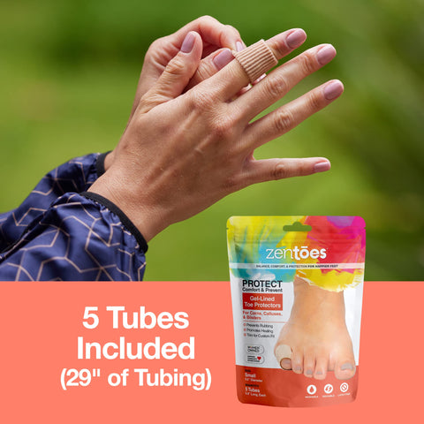 ZenToes Toe Tubes - Fabric Sleeve Protectors with Gel Lining - 5 Tube Sleeve Set - 29'' of Gel Lined Tubing, Size Small (1/2 Inc