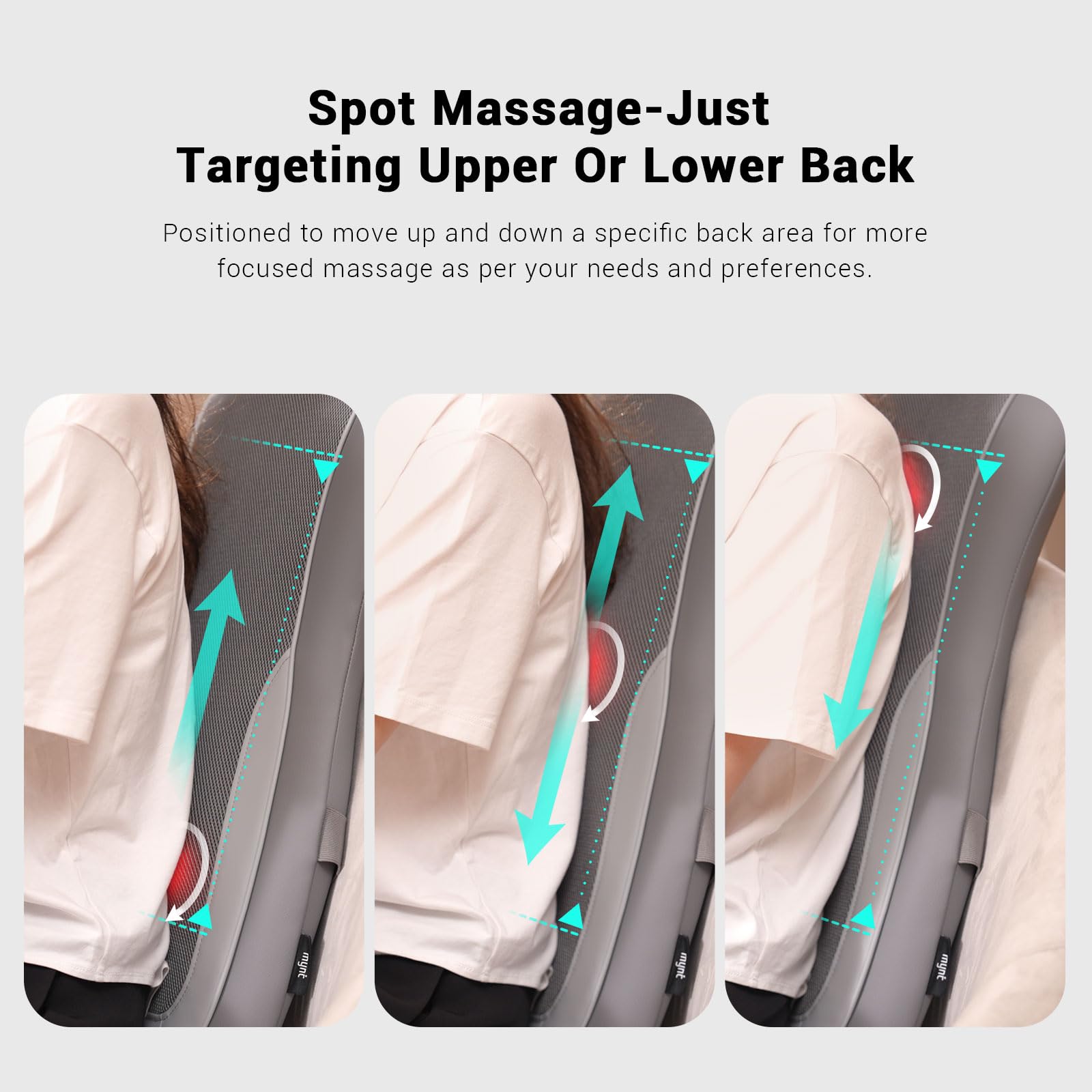 Mynt Gray Massage Chair Pad with 4 Deep Kneading Nodes, Shiatsu Back Massager for Chair with Heat, Heated Back Massage with a Cu