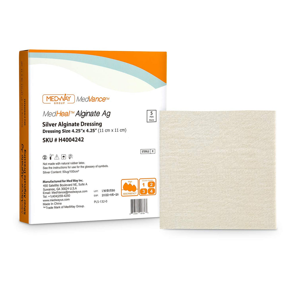 MedHeal Silver Calcium Alginate Ag Sterile Highly Absorbent Antibacterial Dressing, 4.25x4.25, 5 dressings/Box, MedHeal by Medva