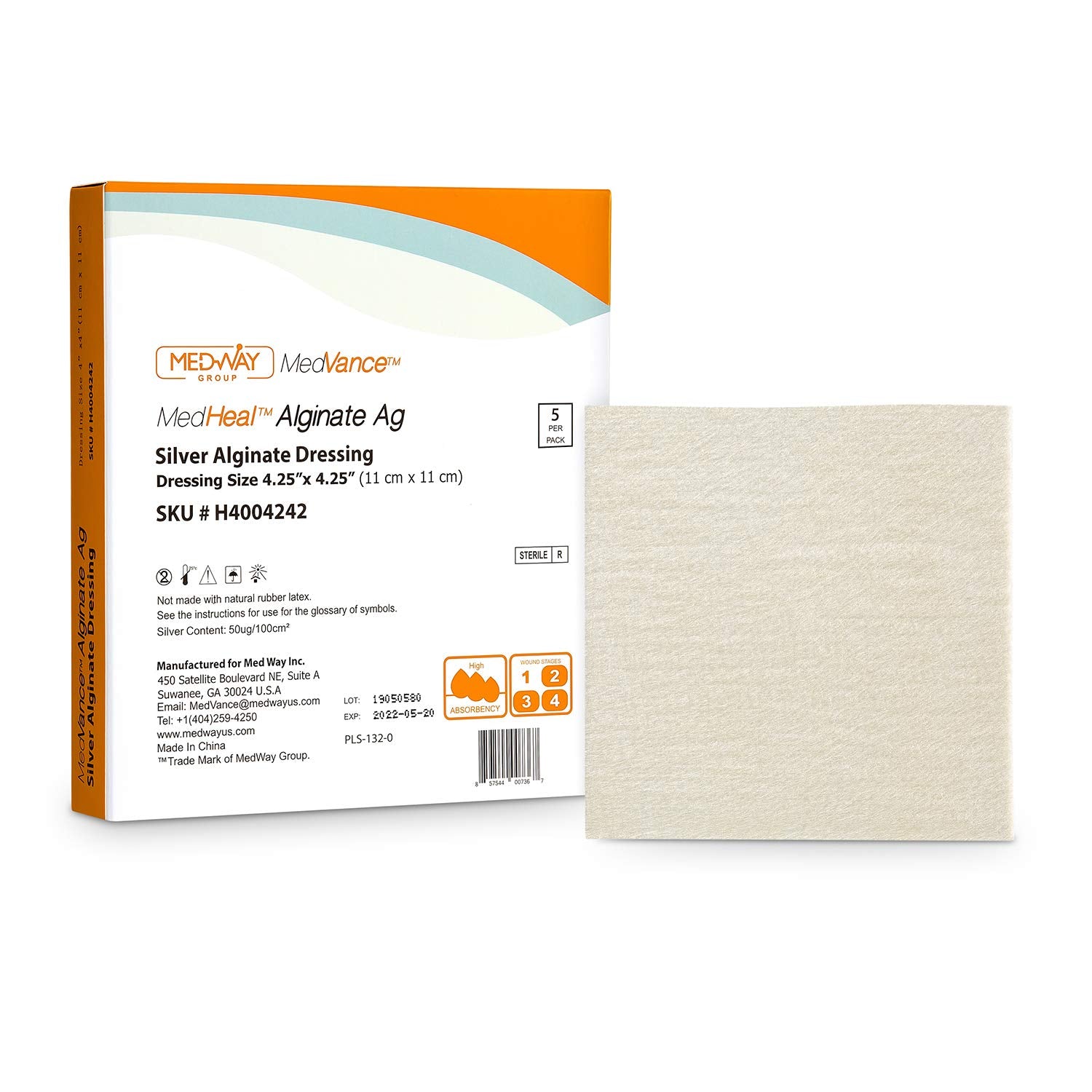 MedHeal Silver Calcium Alginate Ag Sterile Highly Absorbent Antibacterial Dressing, 4.25x4.25, 5 dressings/Box, MedHeal by Medva