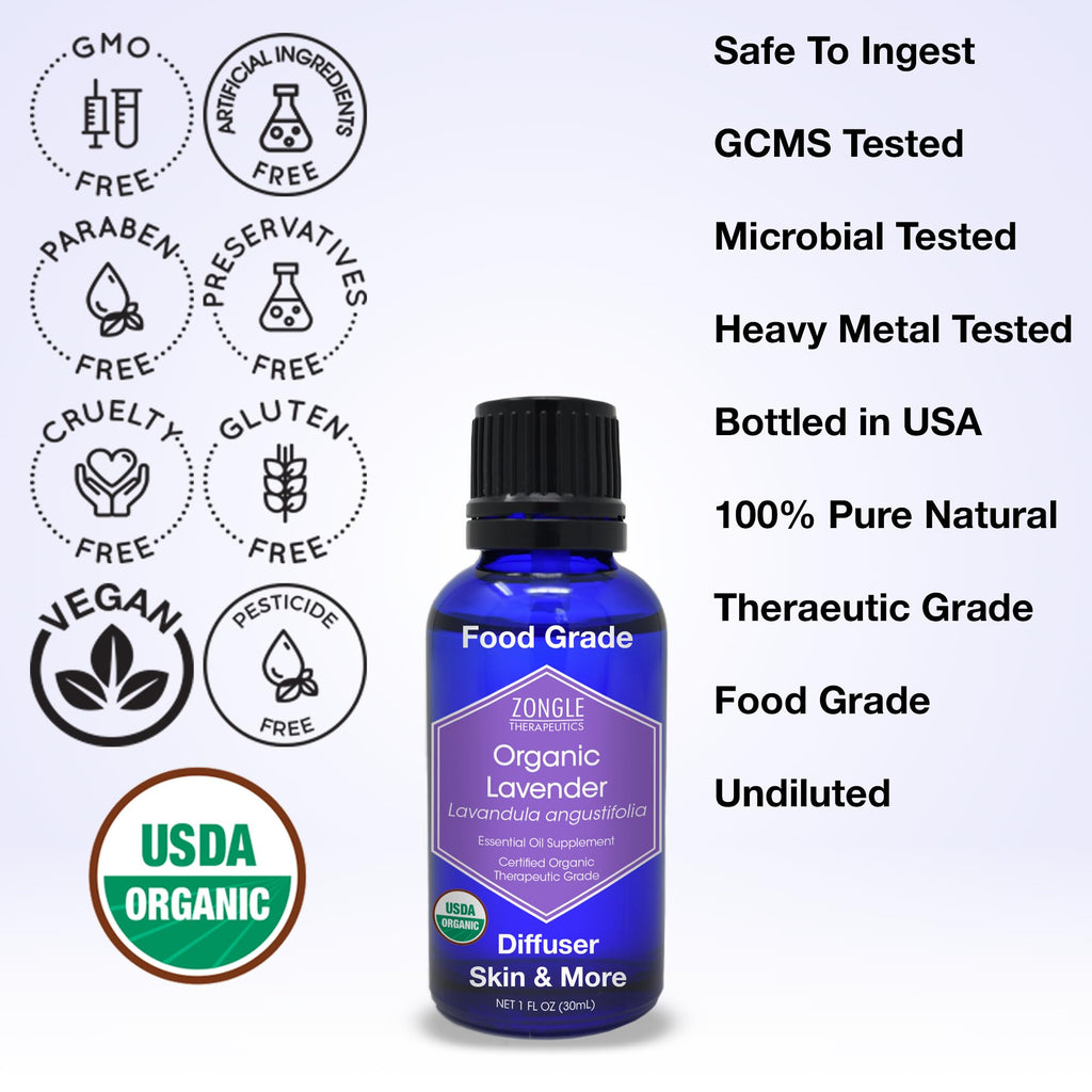 Organic, Lavender Essential Oil, Food Grade, for Drinks, Skin, Hair - 100% Pure, Lavender Oil, by Zongle Therapeutics, 1 OZ