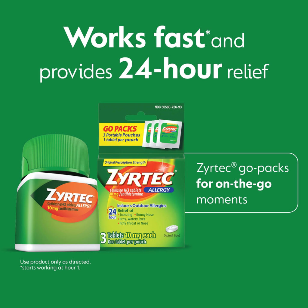 Zyrtec 24 Hour Allergy Relief Tablets, Indoor and Outdoor Allergy Medicine with 10 mg Cetirizine HCl per Antihistamine Tablet, B