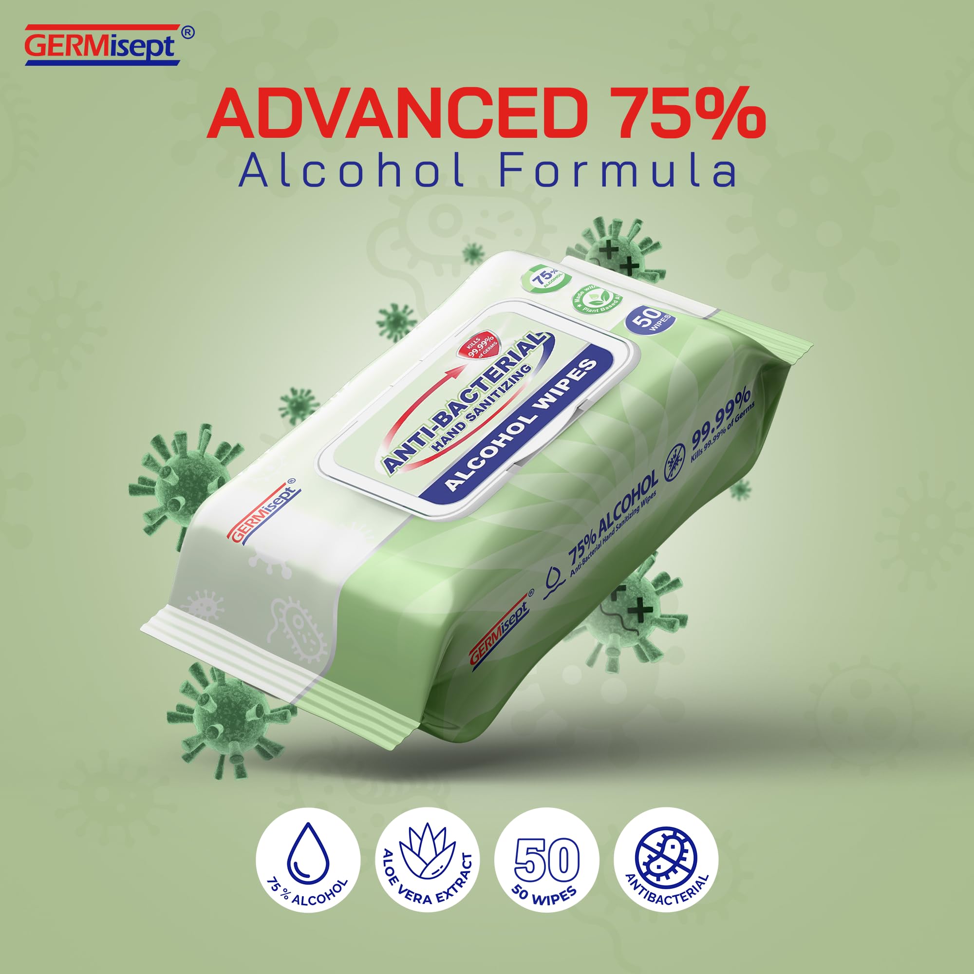 Advanced 75% Alcohol Antiseptic Hand Sanitizer Multipurpose Wipes (50 Count X 4 packs = 200 Wipes)