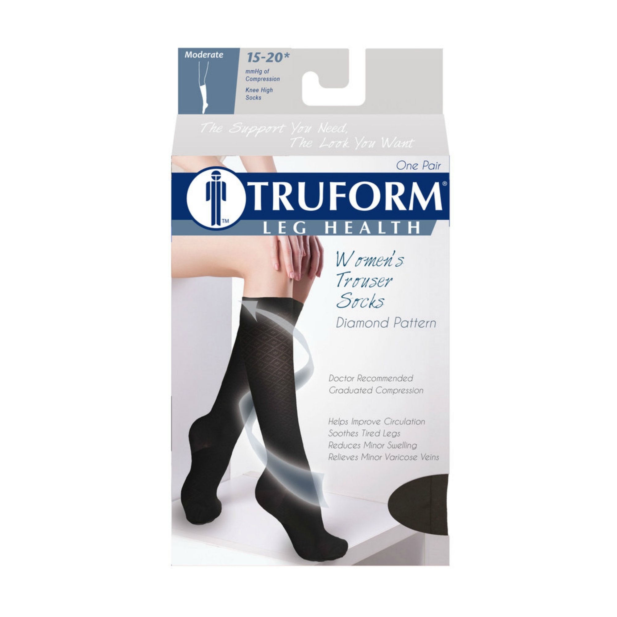 Truform Compression Socks, 15-20 mmHg, Women's Dress Socks, Knee High Over Calf Length, Black Diamond Knit, Large
