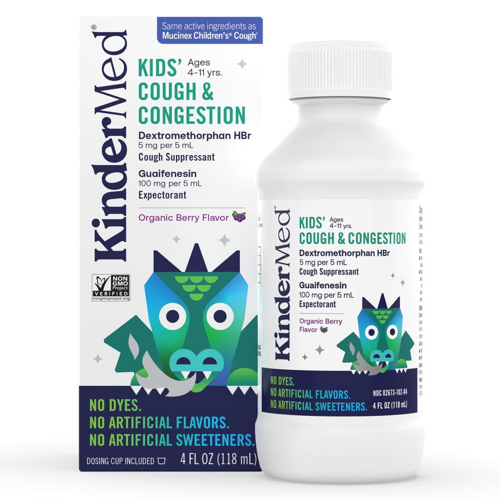 KinderMed Kids Daytime Cough & Congestion Medicine, for Ages 4-11 Years, No Dyes, No Artificial Flavors, No Artificial Sweetene