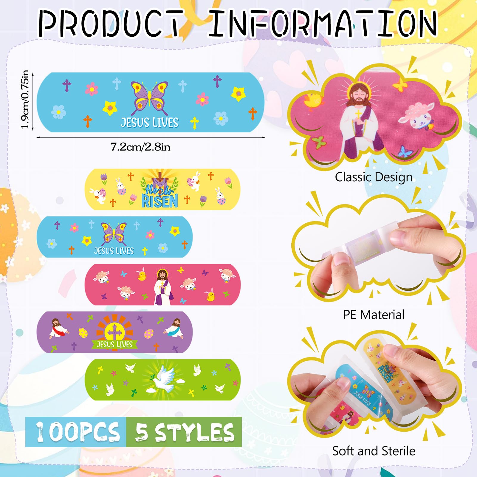 Geiserailie 100 Pcs Jesus Bandages Bulk Kid Easter Egg Stuffers Gifts Cartoon Nativity Scene Adhesive Bandages He is Risen Water