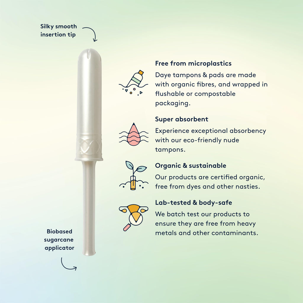 Daye Organic Tampons Super | 54ct | Pesticide & Metal Tested, 100% Organic Cotton for Heavy Flow | No-Shed Sleeve, Sugarcane App