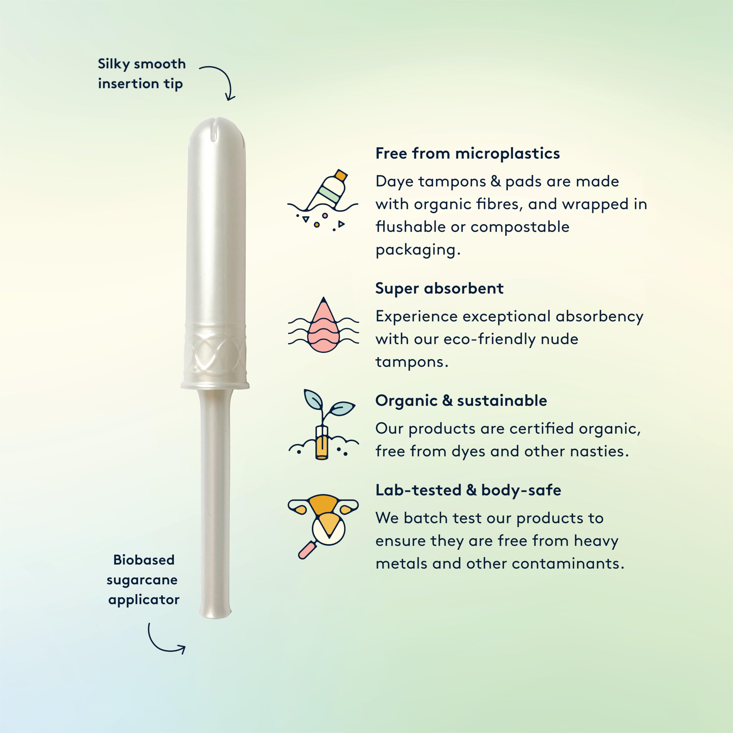 Daye Organic Tampons Super | 54ct | Pesticide & Metal Tested, 100% Organic Cotton for Heavy Flow | No-Shed Sleeve, Sugarcane App