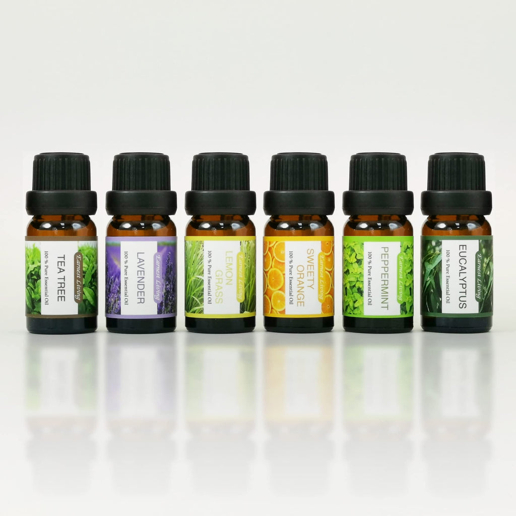 Earnest Living Tea Tree, Peppermint, Lavender, and Eucalyptus Essential Oil Set for Home Diffusers
