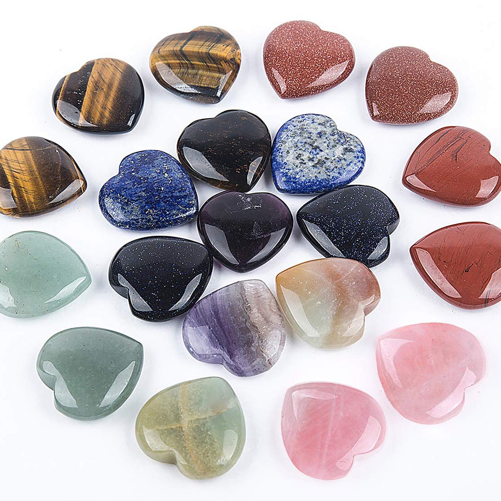 JIC Gem 20 pcs Mixed Crystal Heart Stones Heart Shape Chakra Stones 30mm Reiki Balancing Hand Carved Polished Palm Worry Stone G