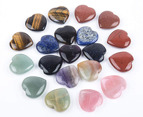 JIC Gem 20 pcs Mixed Crystal Heart Stones Heart Shape Chakra Stones 30mm Reiki Balancing Hand Carved Polished Palm Worry Stone G