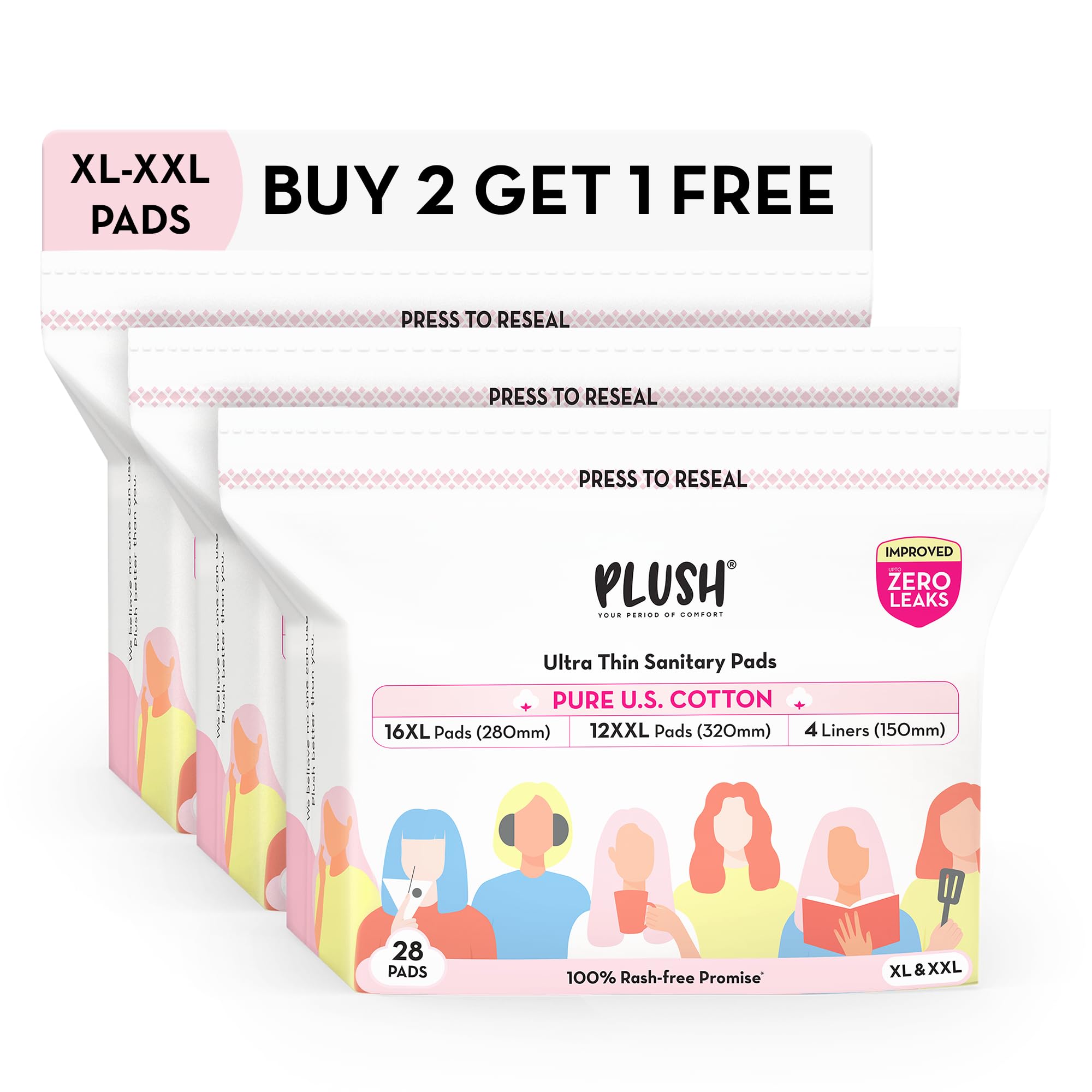Plush UltraThin Sanitary Napkins For Women 28 Pcs (Pack Of 3)| B2G1 Supersaver Combo Of 84 Pads | 48 Xl, 36 Xxl RashFree Pads 