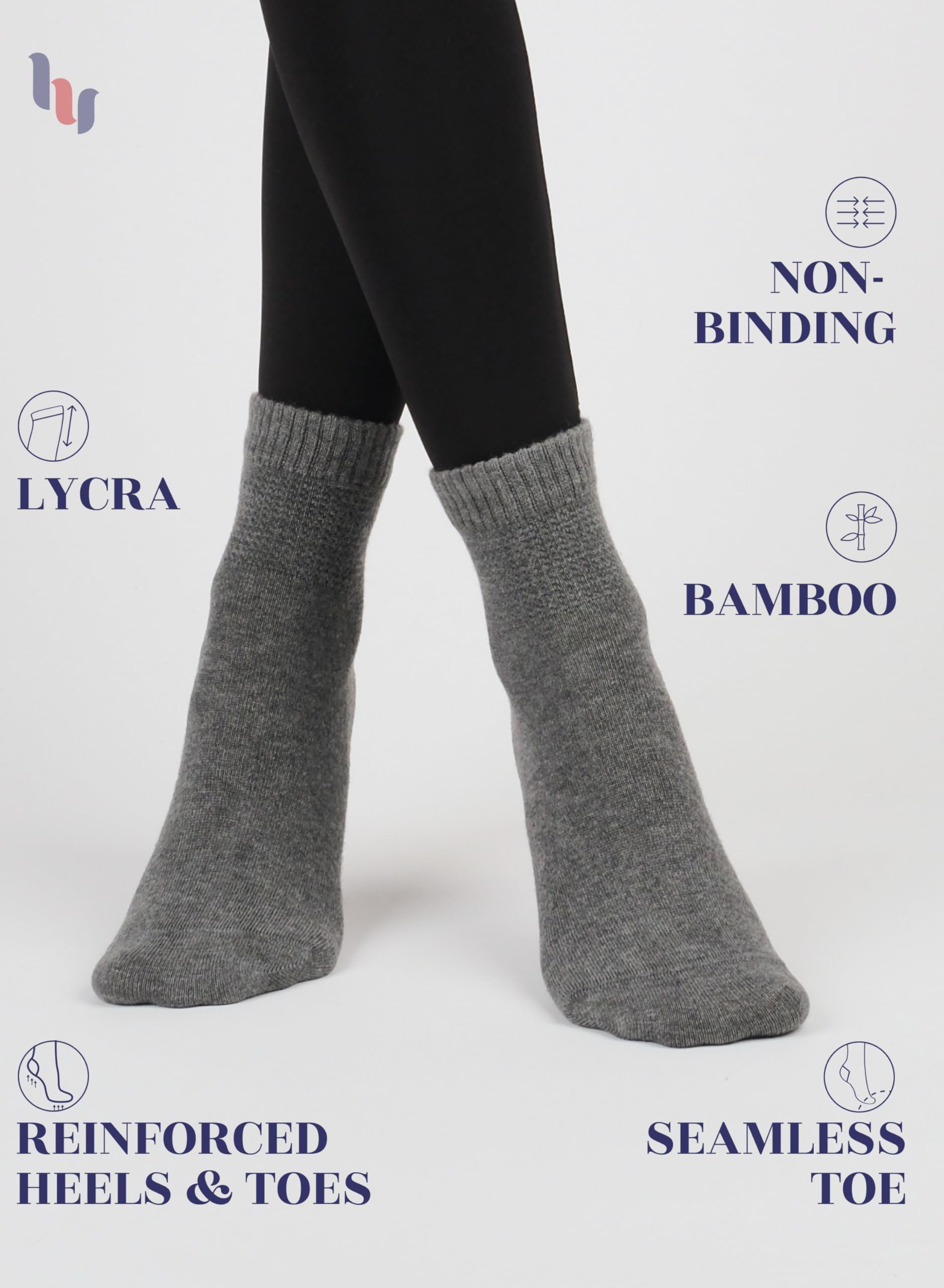 Hugh Ugoli Women Diabetic Ankle Socks, Super Soft & Thin Bamboo Socks, Wide & Loose, Non-Binding Top & Seamless Toe, 4 Pairs, Me