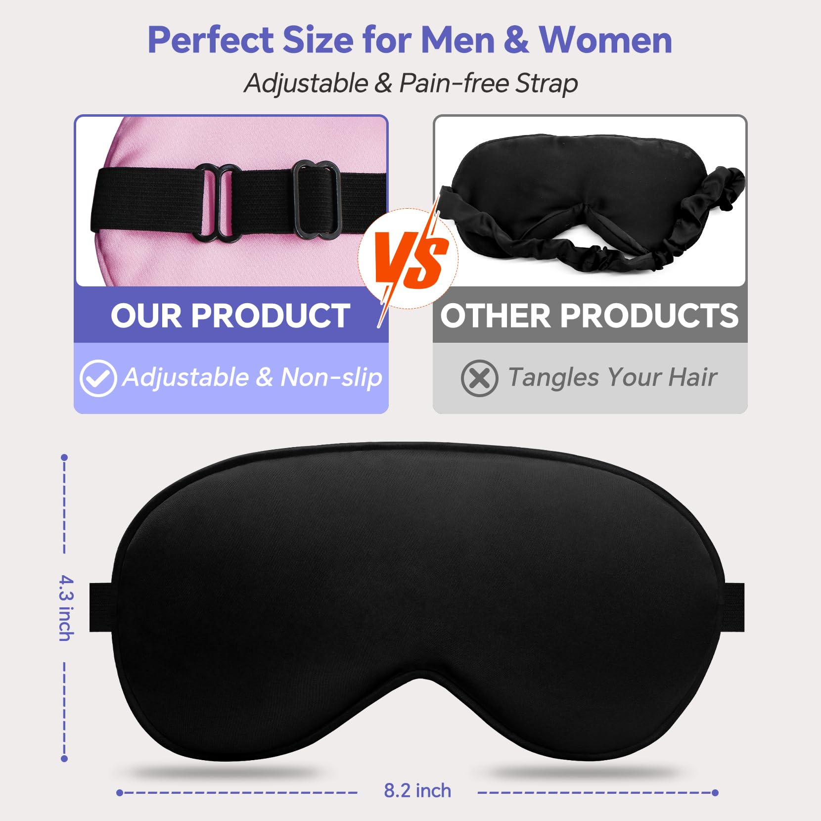 Silk Sleep Mask - 2 Pack Silk Eye Mask for Sleeping, Adjustable Strap, 100% Blackout, Soft Travel & Home Sleep Shade Cover for W