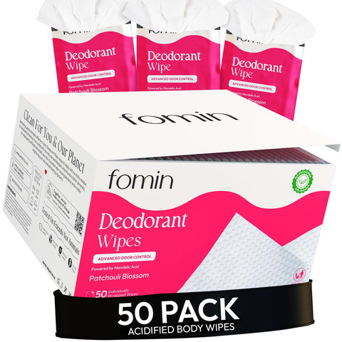 FOMIN Acidified Travel Deodorant Wipes For Women & Men - 50 Count - Patchouli Blossom - pH Balanced, Mini Deodorant Travel Size 