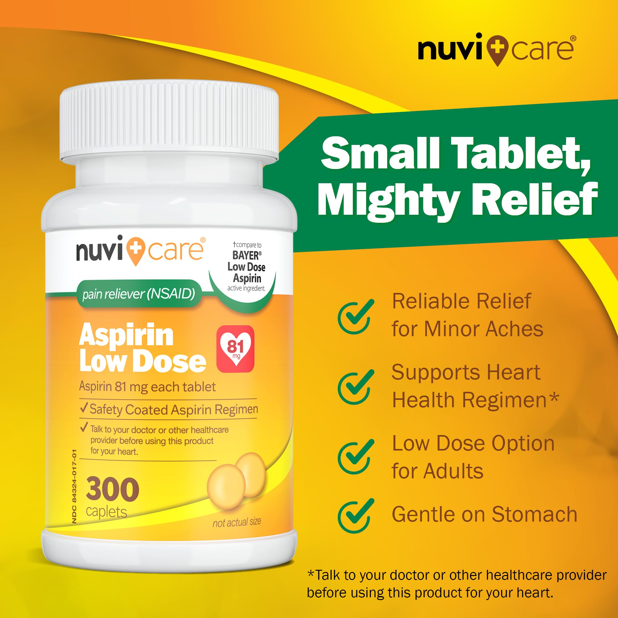 NUVICARE Low Dose Aspirin 81mg for Adults Coated Caplets - Compare to Active Ingredient in Low Dose Bayer Aspirin 81mg for Adult