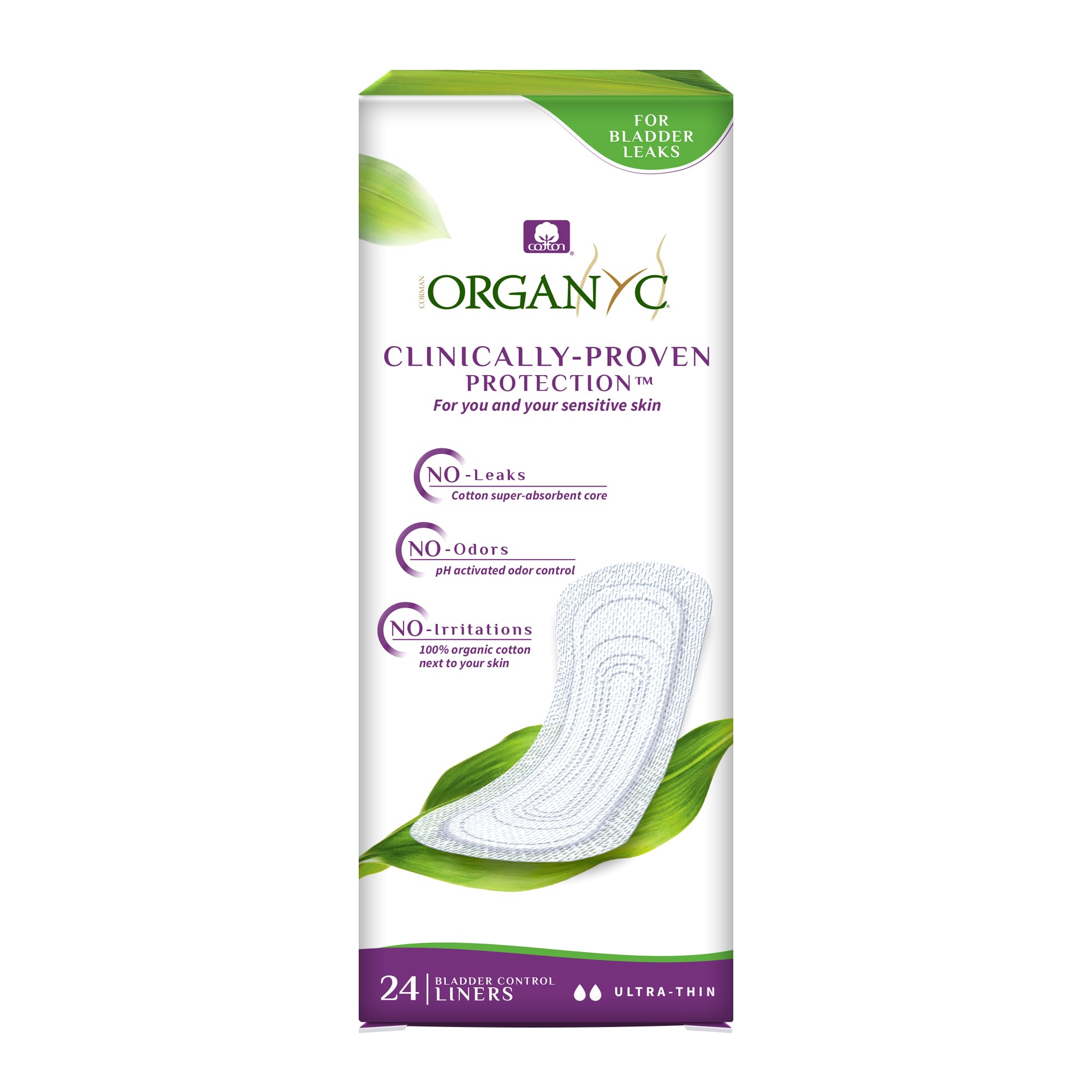 Organyc 100% Organic Cotton Light Incontinence Liners for Bladder Leakage Control, FSA/HSA Eligible, Ultra Thin, Light Flow, 24 