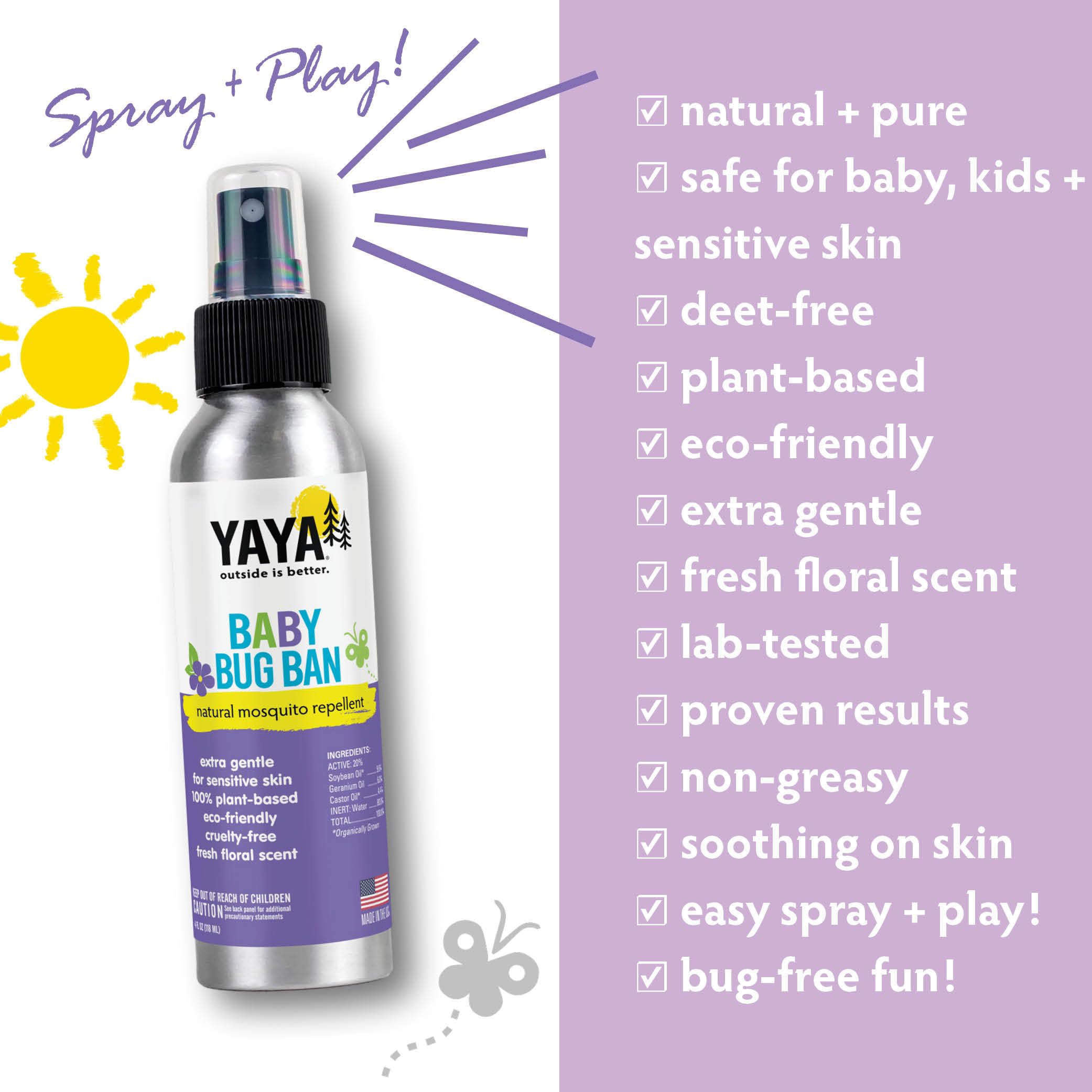 YAYA ORGANICS Baby Bug BAN - All-Natural, Proven Effective Repellent for Babies, Children and Sensitive Skin (4 Ounce Spray)