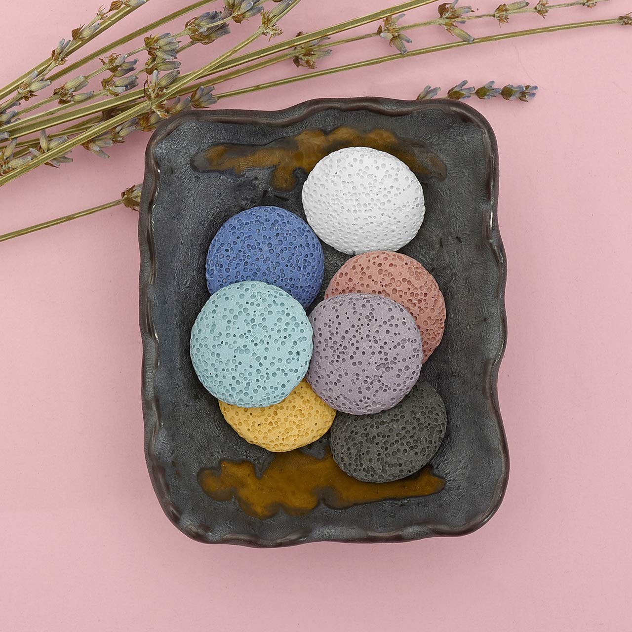 Top Plaza Lava Rock Stone Aromatherapy Essential Oil Diffuser Set Square Ceramic Fragrance Perfume Ware Bowl with 14Pcs Round Sh