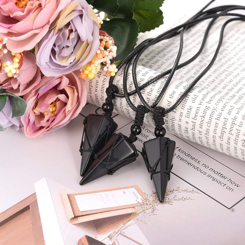 Top Plaza 6 Facet Reiki Healing Crystal Black Obsidian Stone Pointed Pendant Necklaces Adjustable Natural Gemstone Necklace Reik