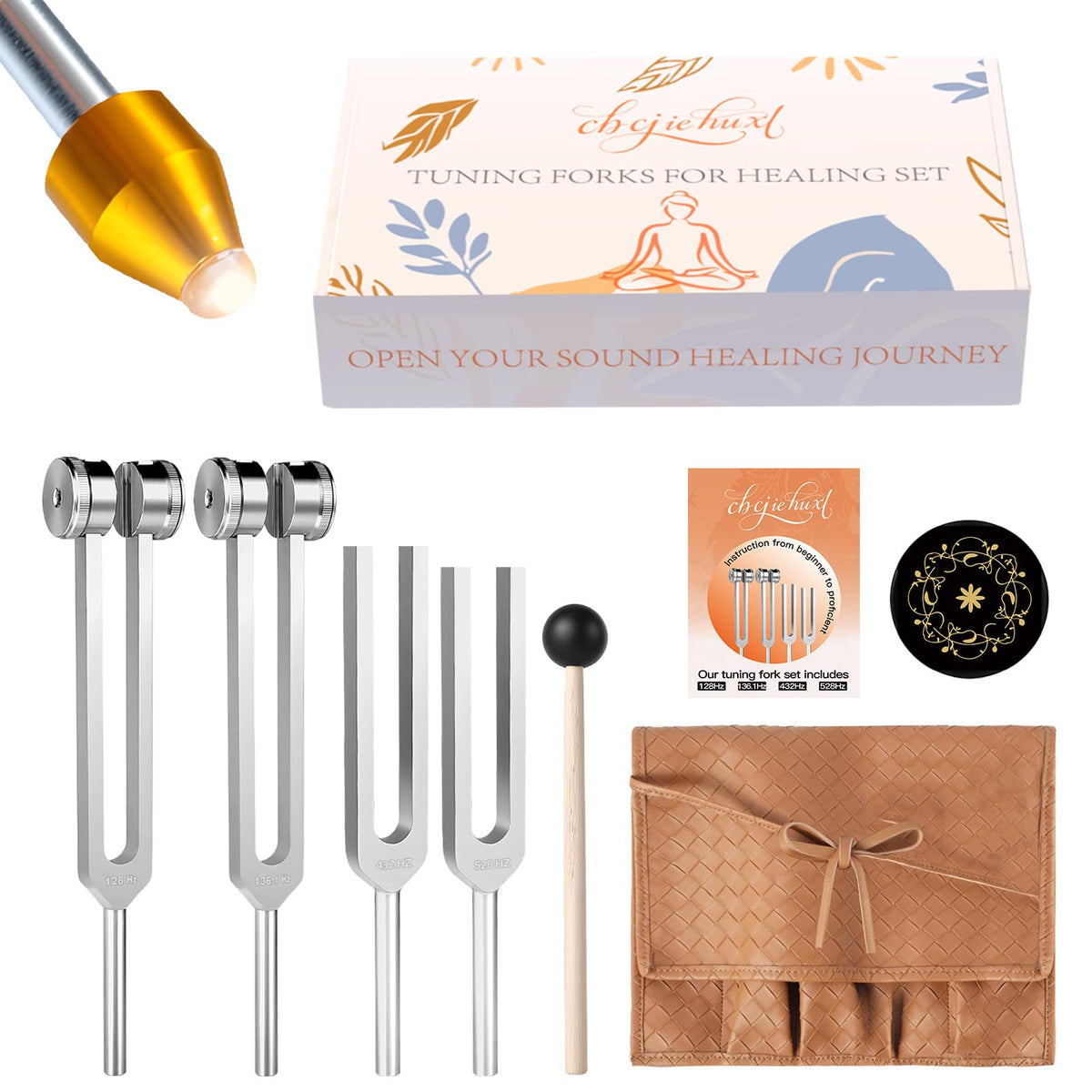Tuning Forks for Healing(128Hz, 136.1Hz, 432Hz, 528Hz),MedicalGrade Weighted & Unweighted Tuning Forks Set with Vegan Leather P