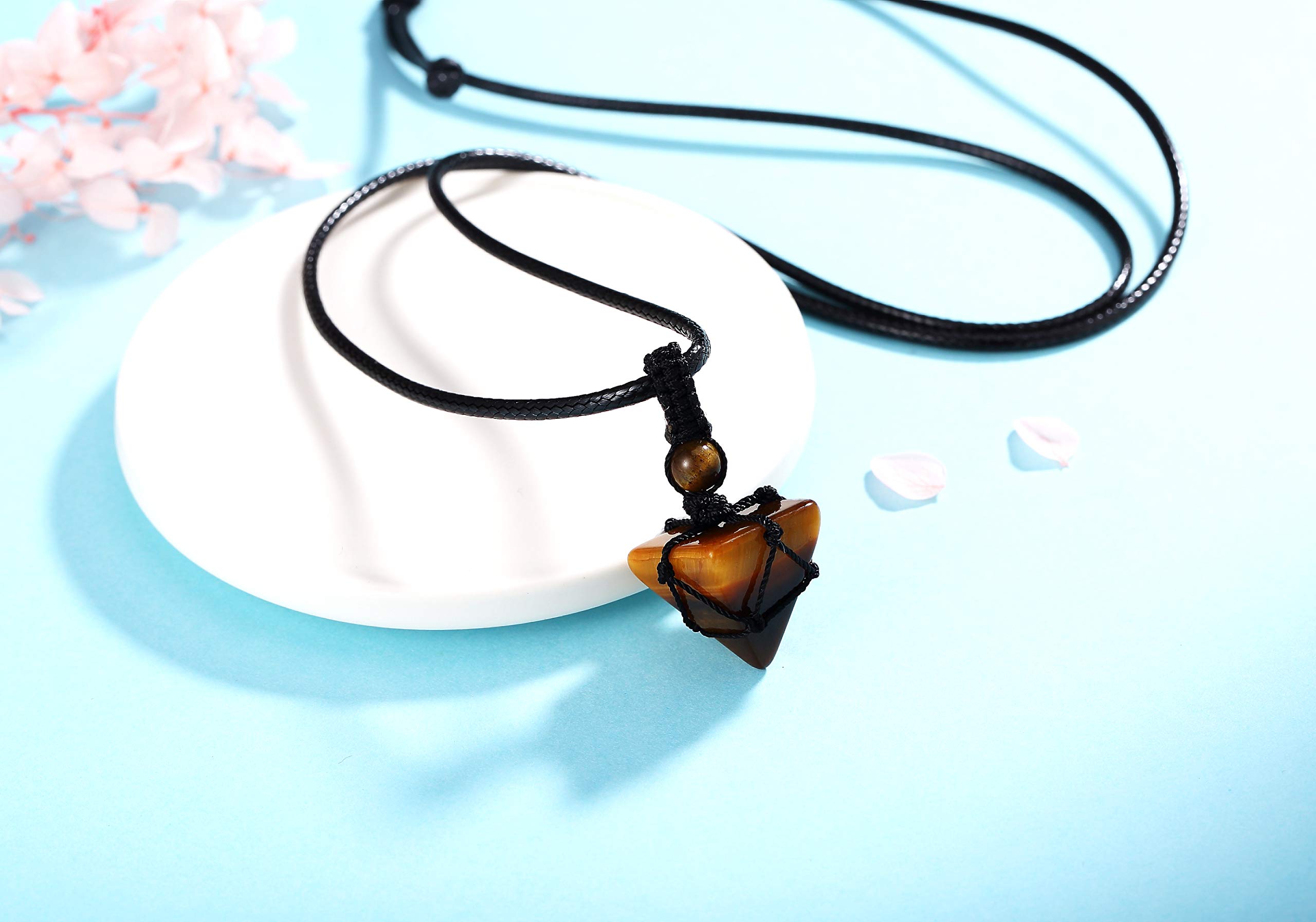 XIANNVXI Tiger Eye Stone Healing Crystal Necklace Pyramid Gemstone Pendant Necklaces Adjustable Rope Natural Reiki Quartz Jewelr