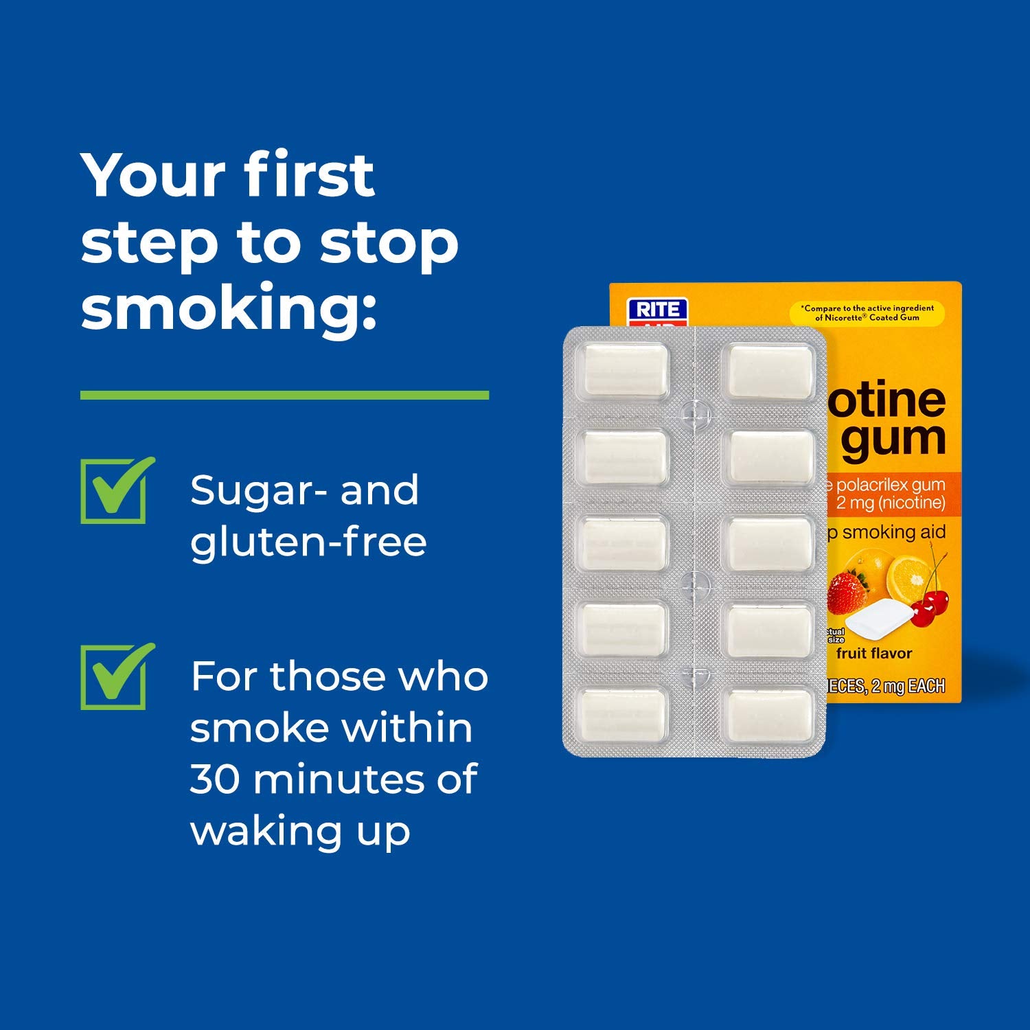 Rite Aid Nicotine Gum, 2mg, Fruit Flavor - 100 Pieces | Quit Smoking Aid | Nicotine Replacement Gum | Stop Smoking Aids That Wor