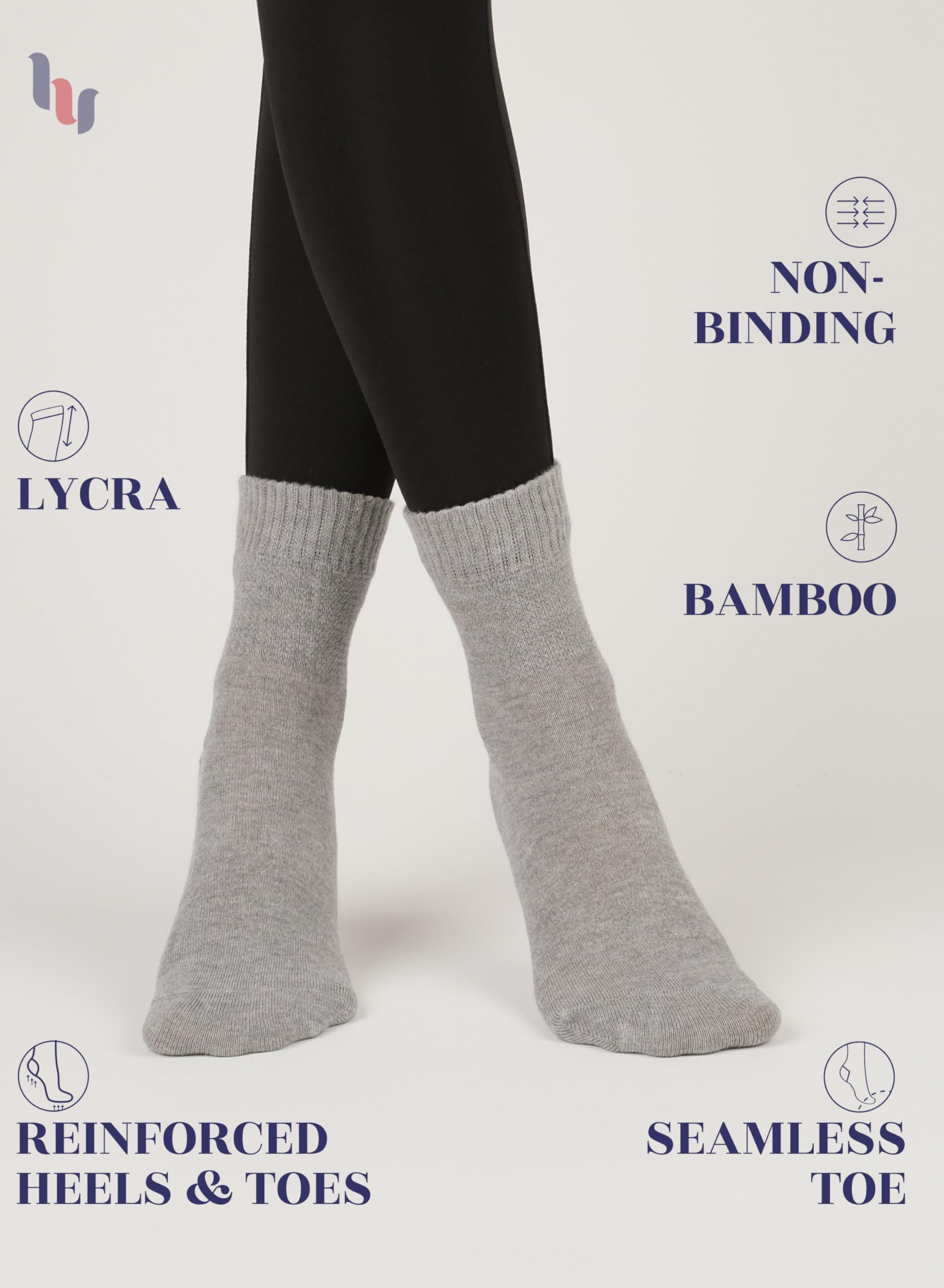 Hugh Ugoli Women Diabetic Ankle Socks, Super Soft & Thin Bamboo Socks, Wide & Loose, Non-Binding Top & Seamless Toe, 4 Pairs, Li