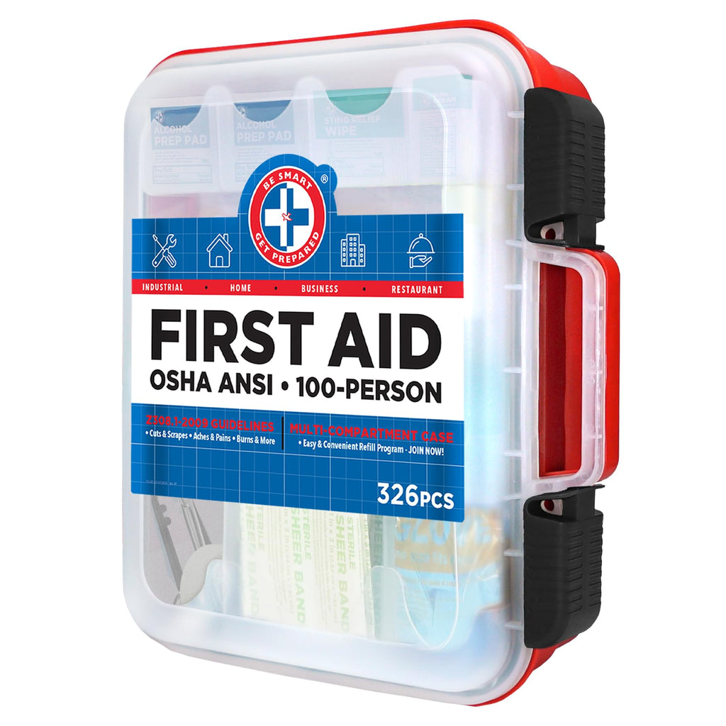 Be Smart Get Prepared First Aid Kit Hard Red Case 326 Pieces Exceeds OSHA ANSI Guidelines 100 People. Office, Home, Car, School,