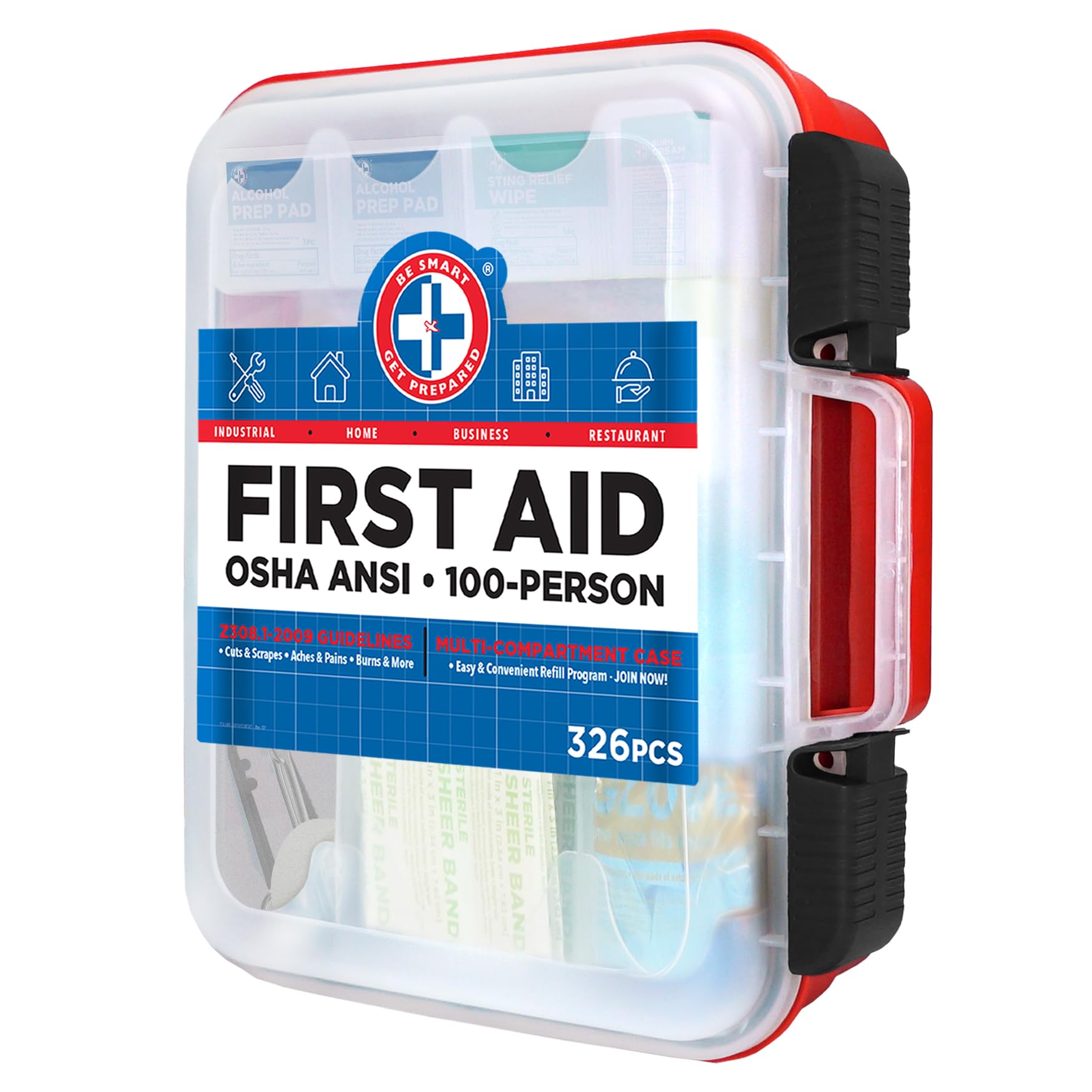 Be Smart Get Prepared First Aid Kit Hard Red Case 326 Pieces Exceeds OSHA ANSI Guidelines 100 People. Office, Home, Car, School,