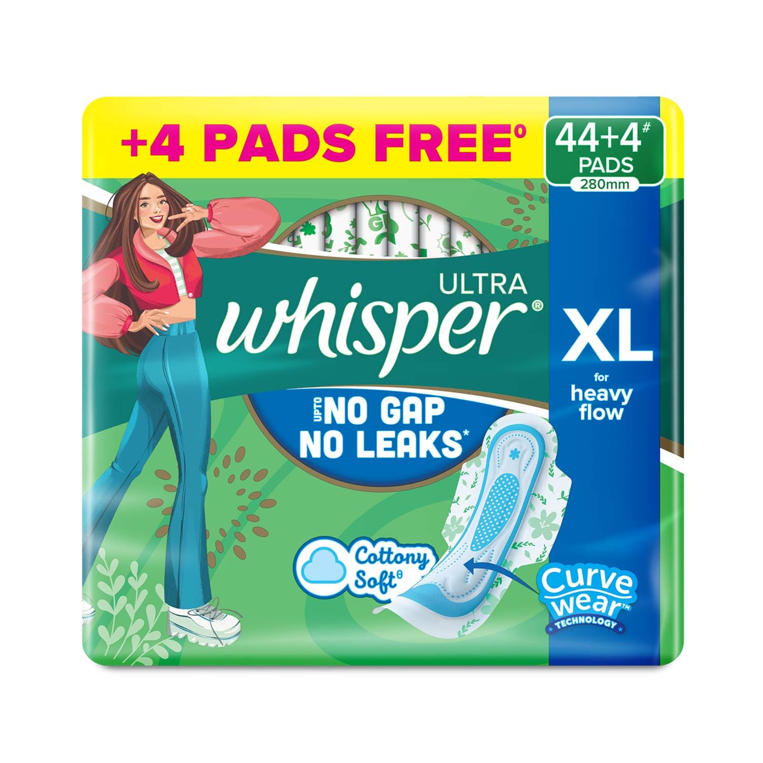 Whisper Ultra Upto No Gap No Leaks* Sanitary Pads, 48 Xl Pads, For Heavy Flow Protection, With Curvewear Technology, Cotton Like