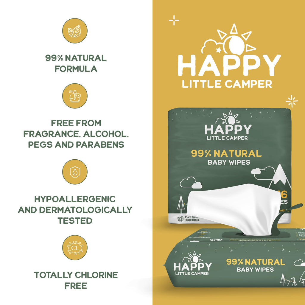 Happy Little Camper Natural Baby Wipes Unscented - Hypoallergenic & Chlorine-Free Wet Wipes with Aloe Vera, Chamomile and Pomegr