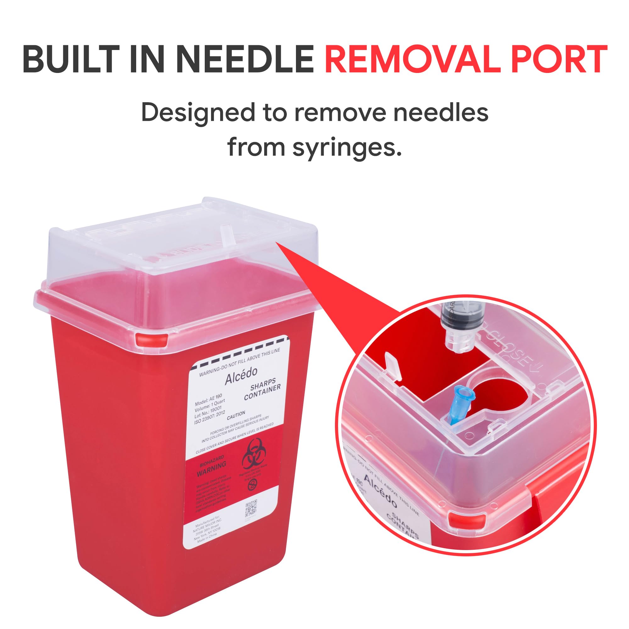 Alcedo Sharps Container for Home Use 1 Quart (1-Pack), Biohazard Needle and Syringe Disposal, Small Portable Container for Trave