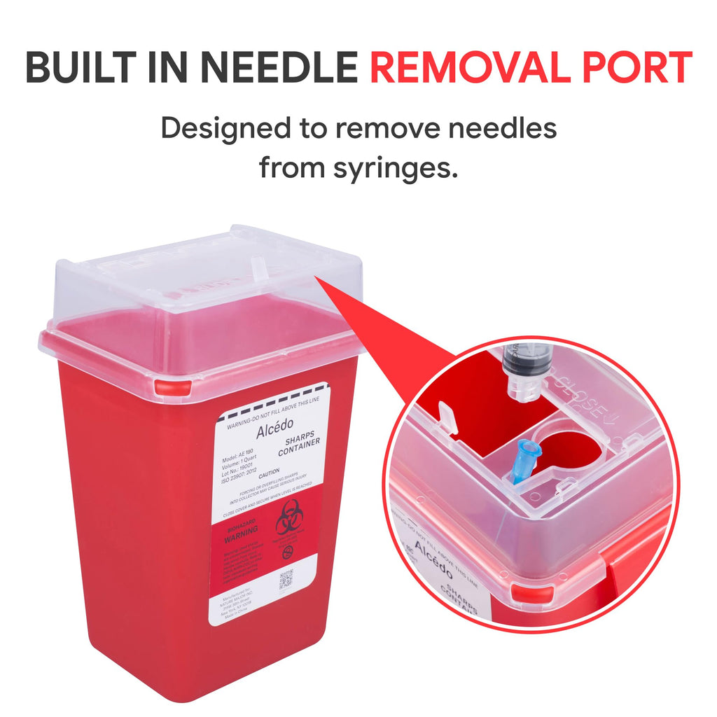 Alcedo Sharps Container for Home Use 1 Quart (1-Pack), Biohazard Needle and Syringe Disposal, Small Portable Container for Trave